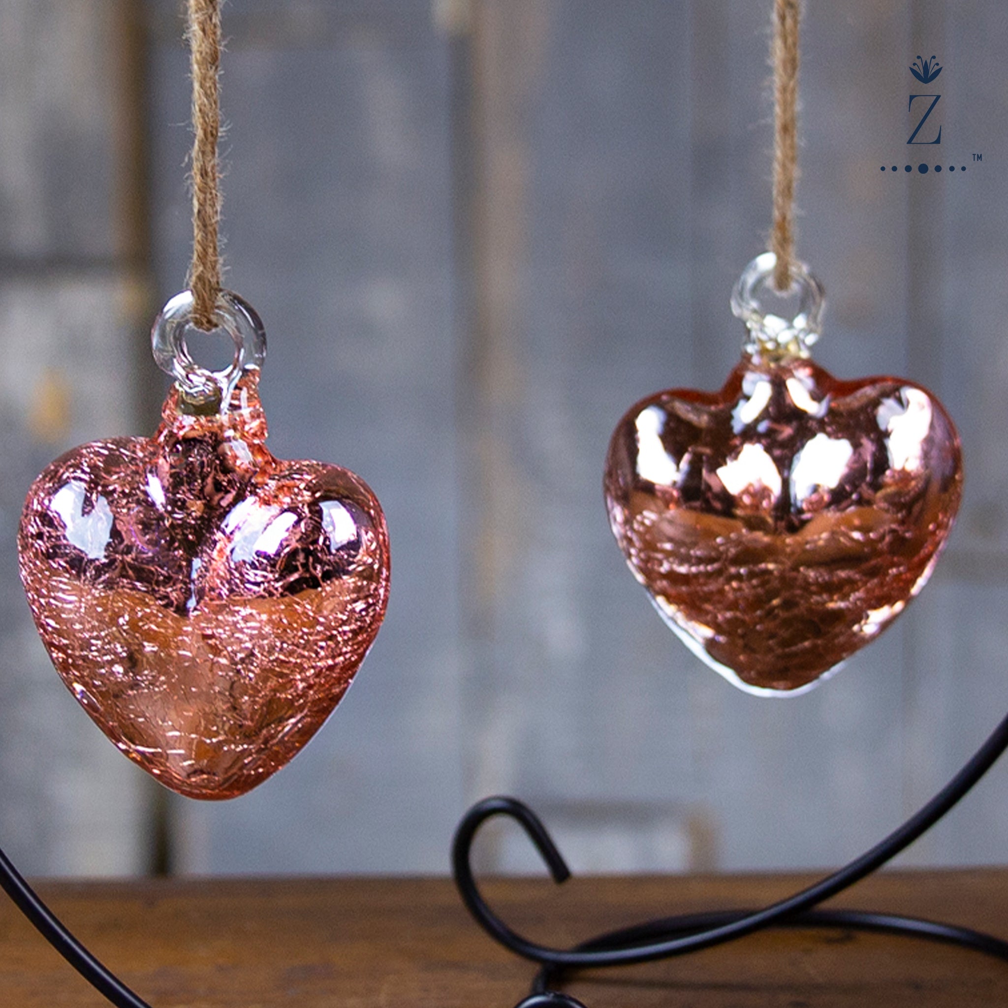 Ornamental Glass Heart, Rose Mercury Heart. Small hanging glass hearts