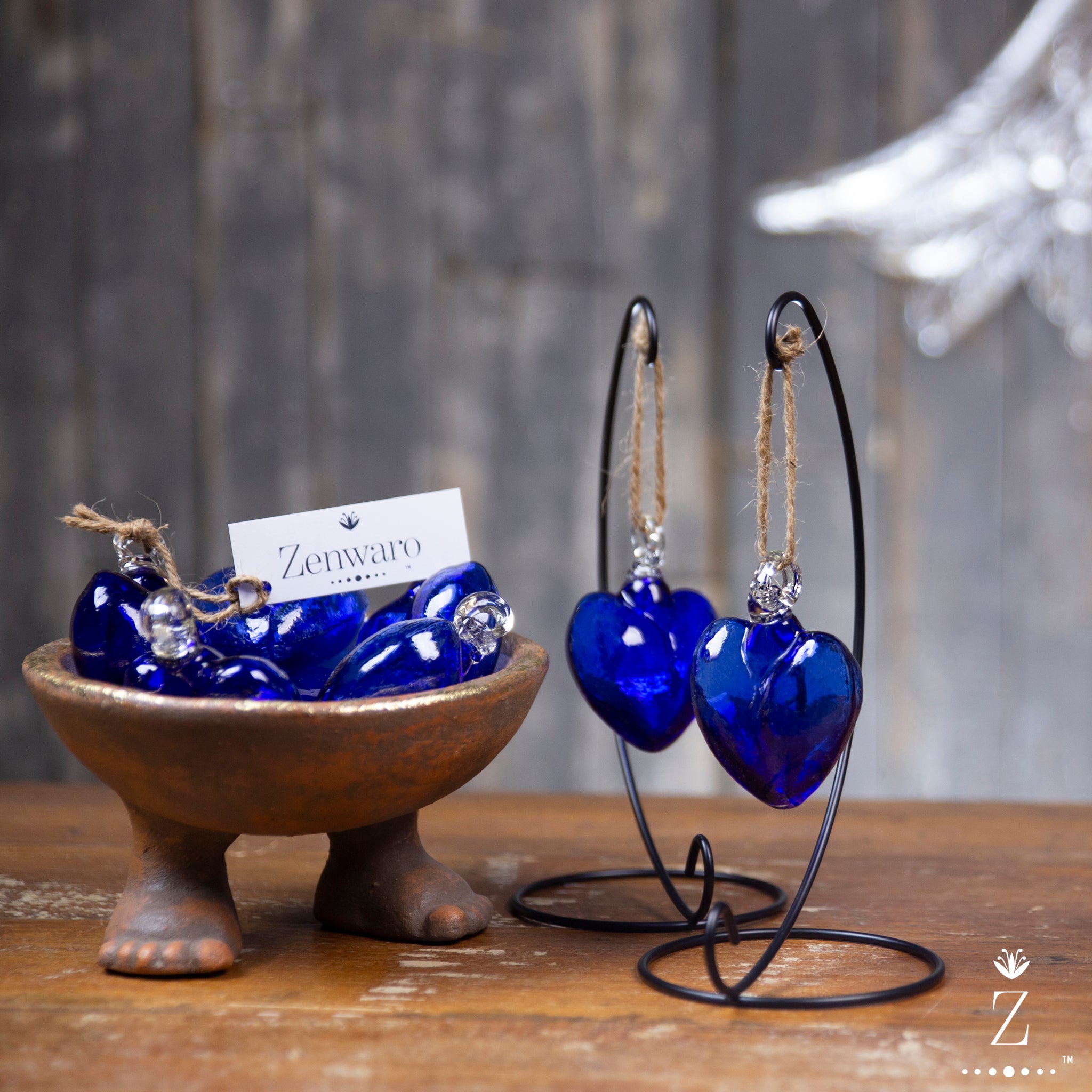 Ornamental Aqua Glass Heart, Small hanging glass hearts - Zenwaro