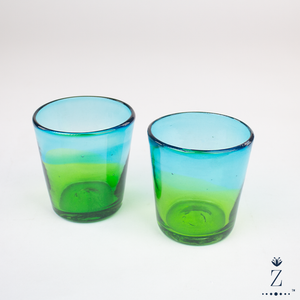 Blown Glass Tumblers, Tall. Two Tone Aqua and Amber Glassware - Zenwaro