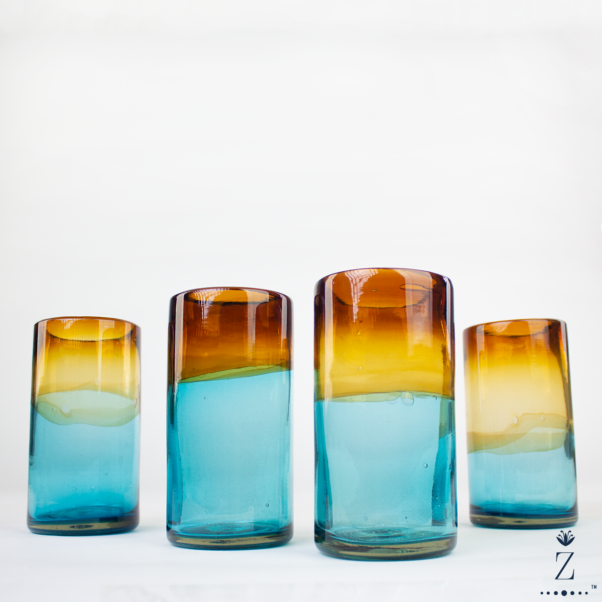 Blown Glass Tumblers, Tall. Two Tone Aqua and Amber Glassware